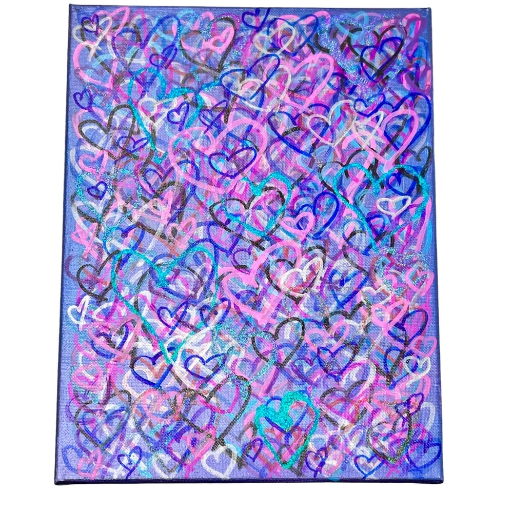 HANDCRAFTED MIXED MEDIA COLORFUL GRAFFITI HEARTS - SHADES OF PURPLE, BLUE & PINK